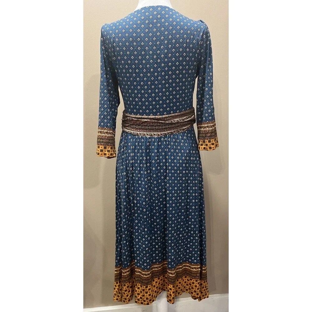 Maeve Anthropologie Teal Gold Border Print Knit Dress Sz M Hippie Boho Western - Picture 4 of 12